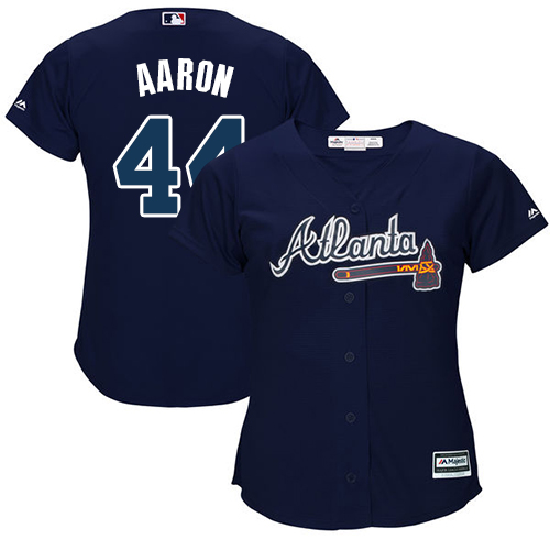 Braves #44 Hank Aaron Navy Blue Alternate Women's Stitched MLB Jersey - Click Image to Close